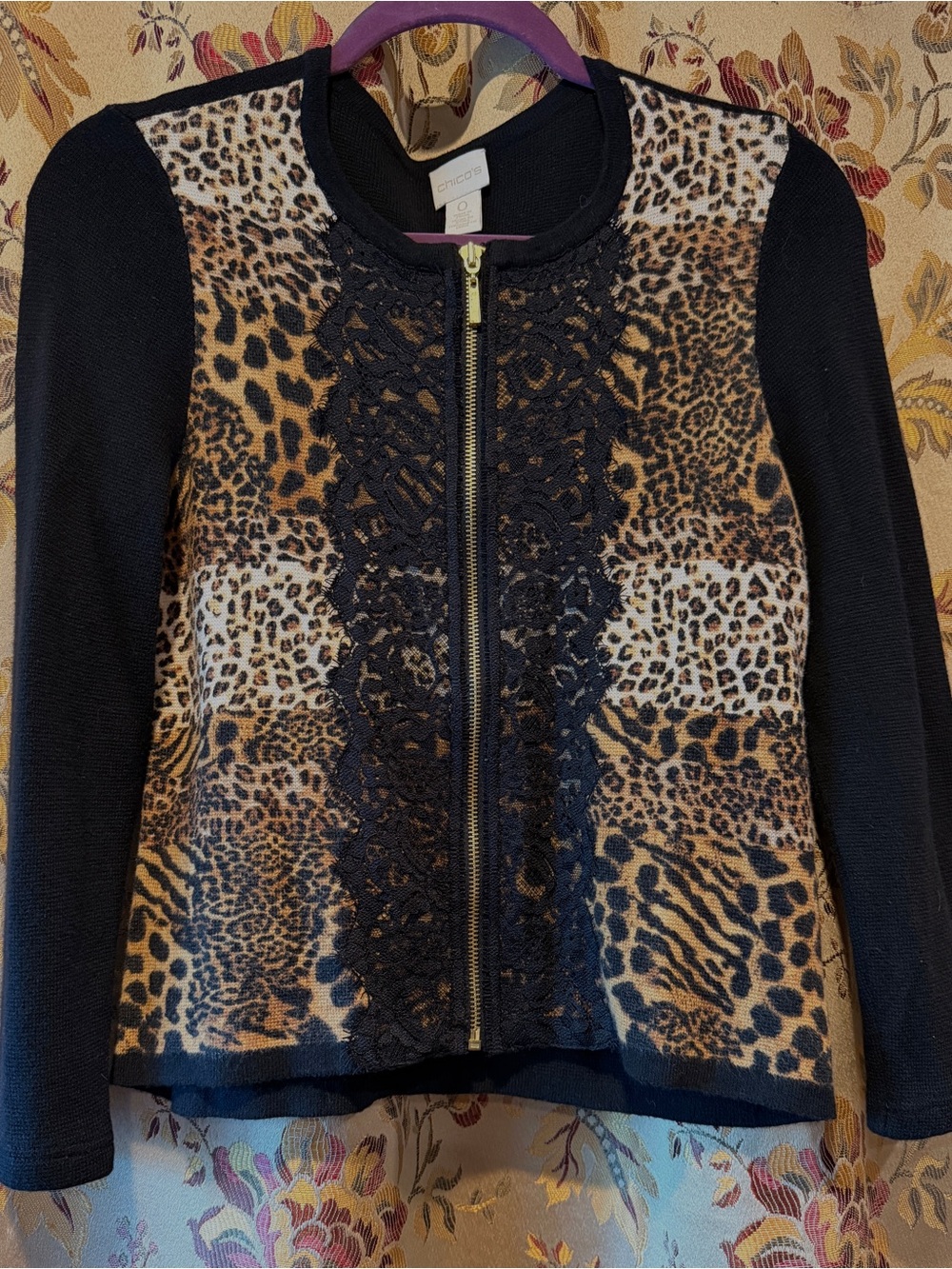 Chico’s 0 Leopard Print Zip-Front Jacket with Lace Trim - Black/Brown